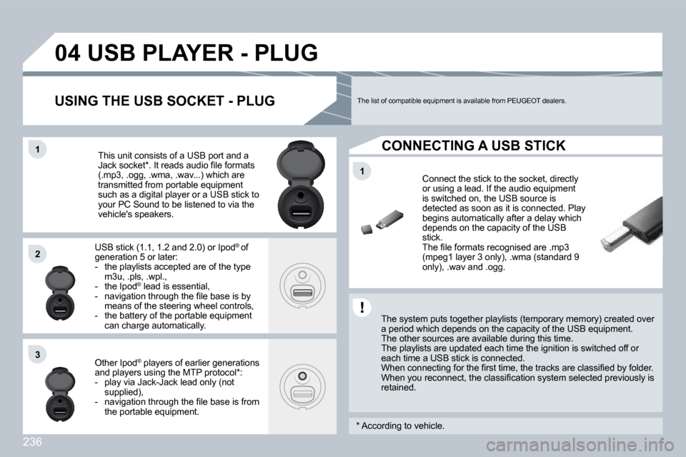 Peugeot 308 CC Dag 2009  Owners Manual 236
11
04
11
22
33
         USB PLAYER - PLUG
� � �T�h�e� �s�y�s�t�e�m� �p�u�t�s� �t�o�g�e�t�h�e�r� �p�l�a�y�l�i�s�t�s� �(�t�e�m�p�o�r�a�r�y� �m�e�m�o�r�y�)� �c�r�e�a�t�e�d� �o�v�e�r� a period which d