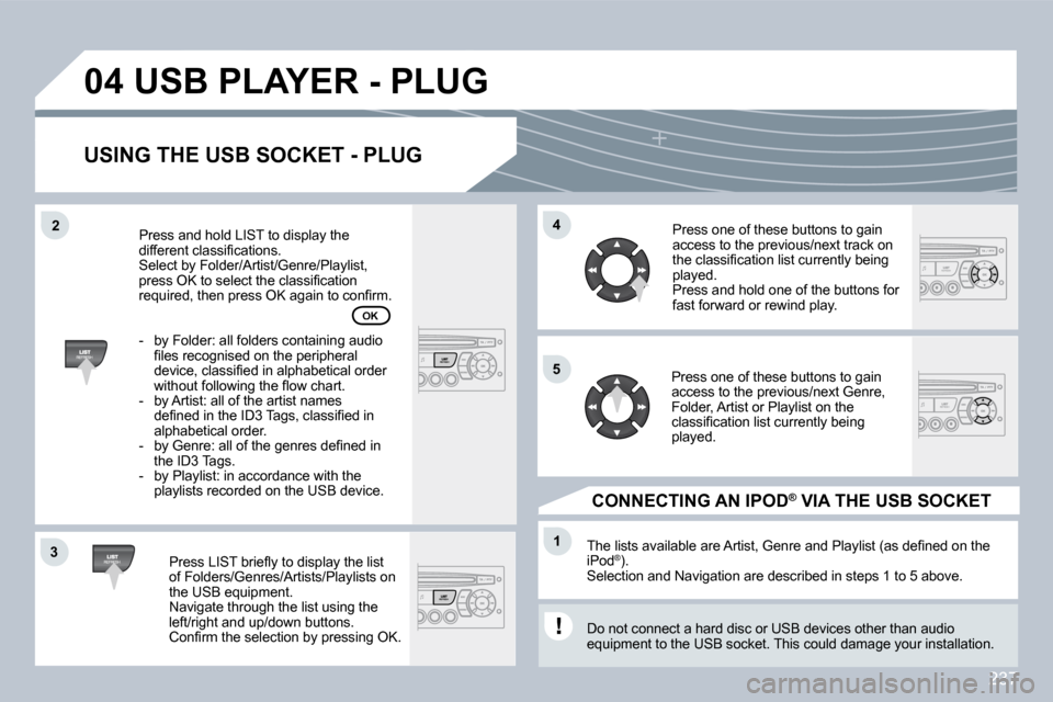 Peugeot 308 CC Dag 2009  Owners Manual 237
33
04
44
11
55
22
 USB PLAYER - PLUG
  USING THE USB SOCKET - PLUG 
� � �P�r�e�s�s� �L�I�S�T� �b�r�i�e�ﬂ� �y� �t�o� �d�i�s�p�l�a�y� �t�h�e� �l�i�s�t� of Folders/Genres/Artists/Playlists on the U
