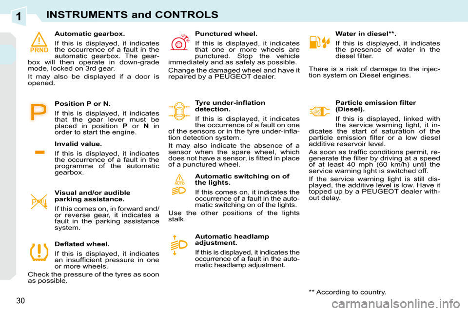Peugeot 308 CC Dag 2009 Owners Guide 1
AUTO
PRND
30
INSTRUMENTS and CONTROLS
   Water in diesel ** .  
 If  this  is  displayed,  it  indicates  
the  presence  of  water  in  the 
�d�i�e�s�e�l� �ﬁ� �l�t�e�r�.� 
 There  is  a  risk  of