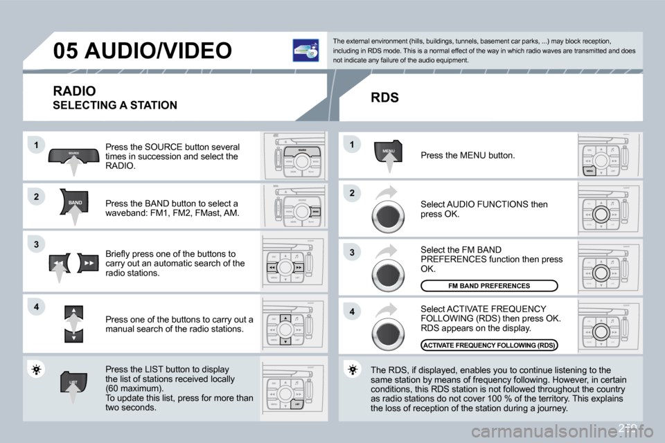 Peugeot 308 CC Dag 2009  Owners Manual 259
MENU
ESC
MENU LIST
ESC
MENU LIST
ESC
MENU LIST
�0�5
�1�1
�2�2
�3�3
�4�4
�2�2
�4�4
�3�3
�1�1
� � � � � �A�U�D�I�O�/�V�I�D�E�O� 
� �R�A�D�I�O
� �S�E�L�E�C�T�I�N�G� �A� �S�T�A�T�I�O�N� 
 Press the SO