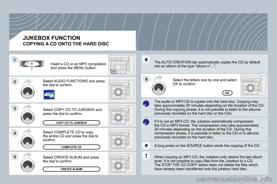 Peugeot 308 CC Dag 2009  Owners Manual 261
ESC
MENU LIST
ESC
MENU LIST
ESC
MENU LIST
ESC
MENU LIST
ESC
MENU LIST
�1�1
�2�2
�3�3
�5�5
�6�6
�4�4
�C�O�P�Y� �C�D� �T�O� �J�U�K�E�B�O�X
�C�O�M�P�L�E�T�E� �C�D
�C�R�E�A�T�E� �A�L�B�U�M
OK
� �S�e�l