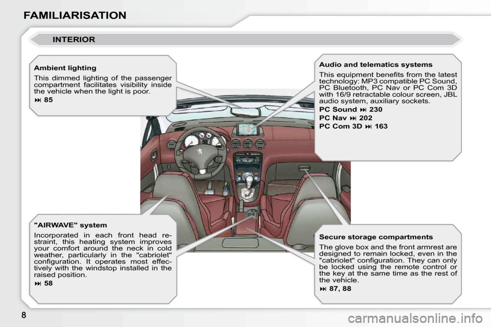 Peugeot 308 CC Dag 2009  Owners Manual FAMILIARISATION  Ambient lighting  
 This  dimmed  lighting  of  the  passenger  
compartment  facilitates  visibility  inside 
the vehicle when the light is poor.  
  
 
�   85    
  "AIRWAVE" sys