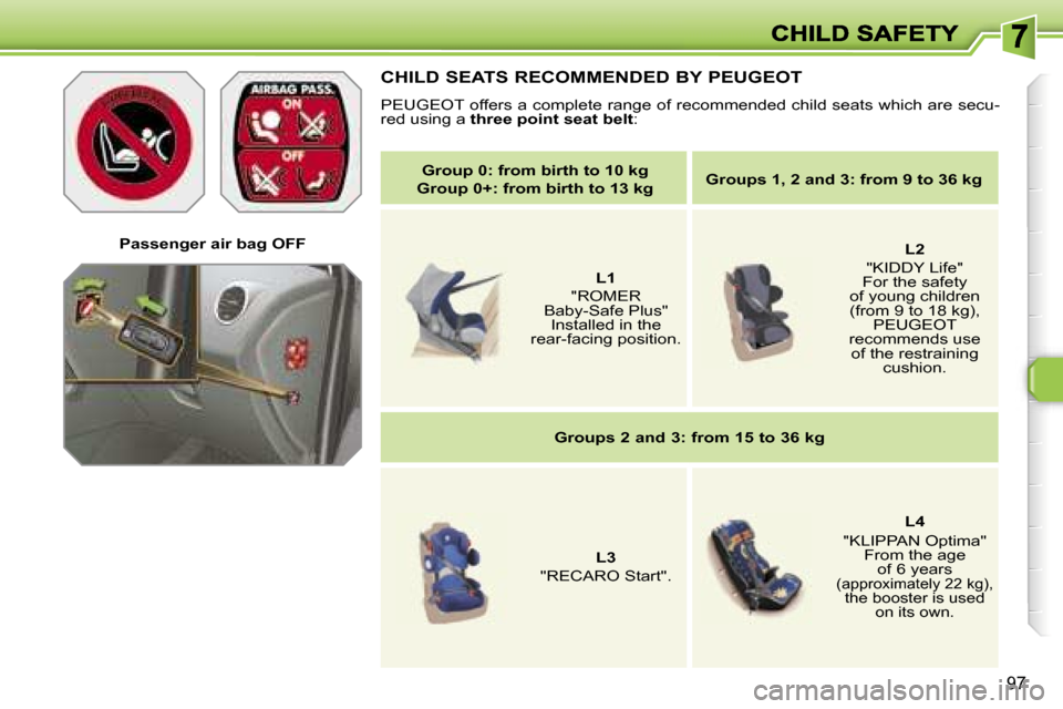 Peugeot 308 Dag 2007.5  Owners Manual �9�7
�P�a�s�s�e�n�g�e�r� �a�i�r� �b�a�g� �O�F�F
�C�H�I�L�D� �S�E�A�T�S� �R�E�C�O�M�M�E�N�D�E�D� �B�Y� �P�E�U�G�E�O�T
�P�E�U�G�E�O�T� �o�f�f�e�r�s� �a� �c�o�m�p�l�e�t�e� �r�a�n�g�e� �o�f� �r�e�c�o�m�m�