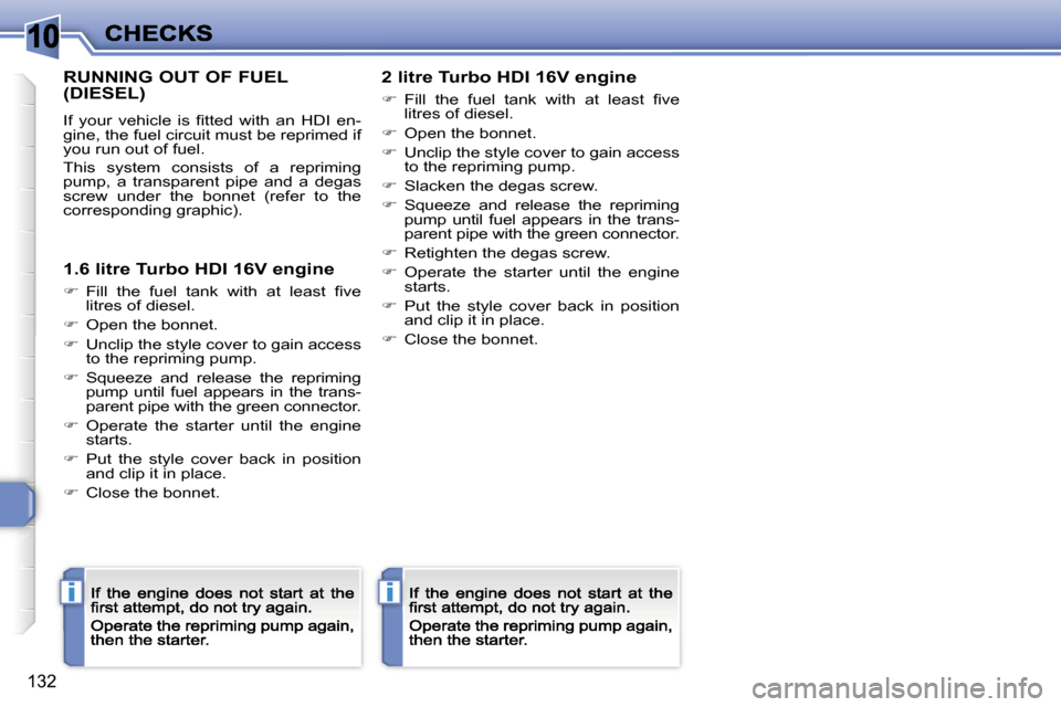 Peugeot 308 Dag 2007.5  Owners Manual �1�0
�i�i
�1�3�2
�R�U�N�N�I�N�G� �O�U�T� �O�F� �F�U�E�L�  
�(�D�I�E�S�E�L�)
�I�f�  �y�o�u�r�  �v�e�h�i�c�l�e�  �i�s�  �ﬁ�t�t�e�d�  �w�i�t�h�  �a�n�  �H�D�I�  �e�n�-�g�i�n�e�,� �t�h�e� �f�u�e�l� �c�i