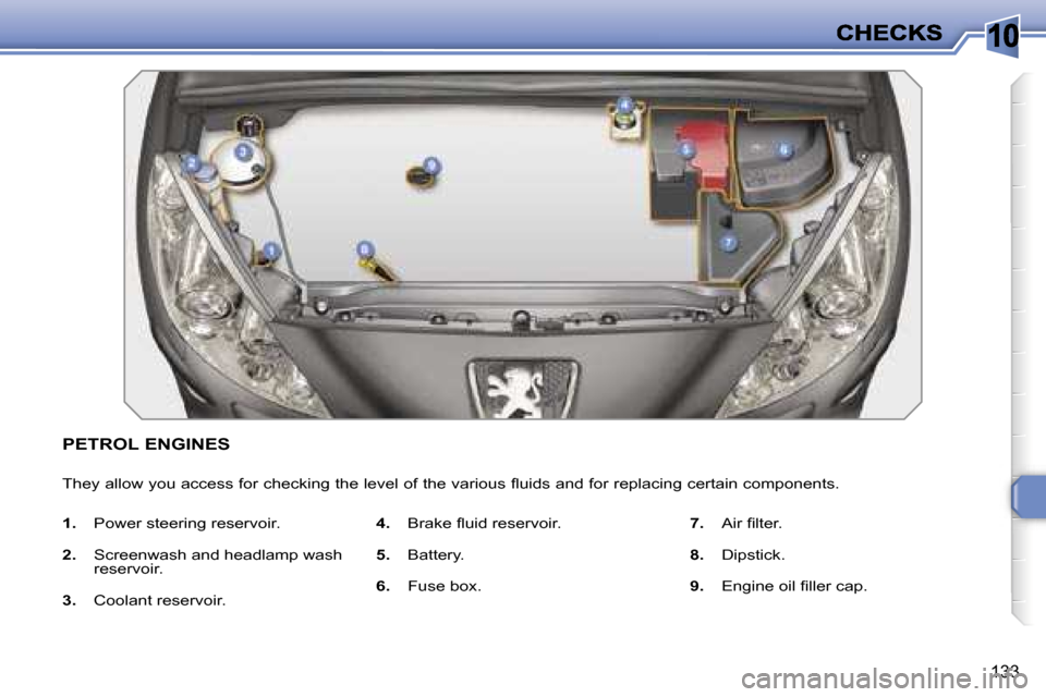 Peugeot 308 Dag 2007.5  Owners Manual �1�0
�1�3�3
�P�E�T�R�O�L� �E�N�G�I�N�E�S
�T�h�e�y� �a�l�l�o�w� �y�o�u� �a�c�c�e�s�s� �f�o�r� �c�h�e�c�k�i�n�g� �t�h�e� �l�e�v�e�l� �o�f� �t�h�e� �v�a�r�i�o�u�s� �ﬂ�u�i�d�s� �a�n�d� �f�o�r� �r�e�p�l�