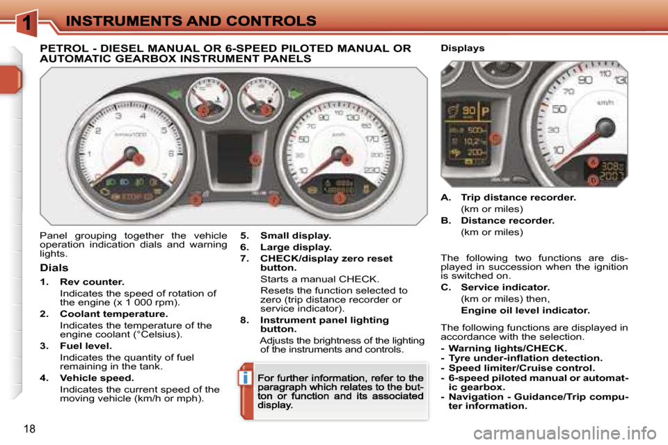 Peugeot 308 Dag 2007.5 User Guide �i
�1�8
�P�E�T�R�O�L� �-� �D�I�E�S�E�L� �M�A�N�U�A�L� �O�R� �6�-�S�P�E�E�D� �P�I�L�O�T�E�D� �M�A�N�U�A�L� �O�R�  
�A�U�T�O�M�A�T�I�C� �G�E�A�R�B�O�X� �I�N�S�T�R�U�M�E�N�T� �P�A�N�E�L�S
�P�a�n�e�l�  �g