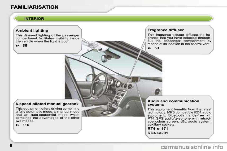 Peugeot 308 Dag 2007.5  Owners Manual �I�N�T�E�R�I�O�R
�A�m�b�i�e�n�t� �l�i�g�h�t�i�n�g
�T�h�i�s�  �d�i�m�m�e�d�  �l�i�g�h�t�i�n�g�  �o�f�  �t�h�e�  �p�a�s�s�e�n�g�e�r� �c�o�m�p�a�r�t�m�e�n�t�  �f�a�c�i�l�i�t�a�t�e�s�  �v�i�s�i�b�i�l�i�t�