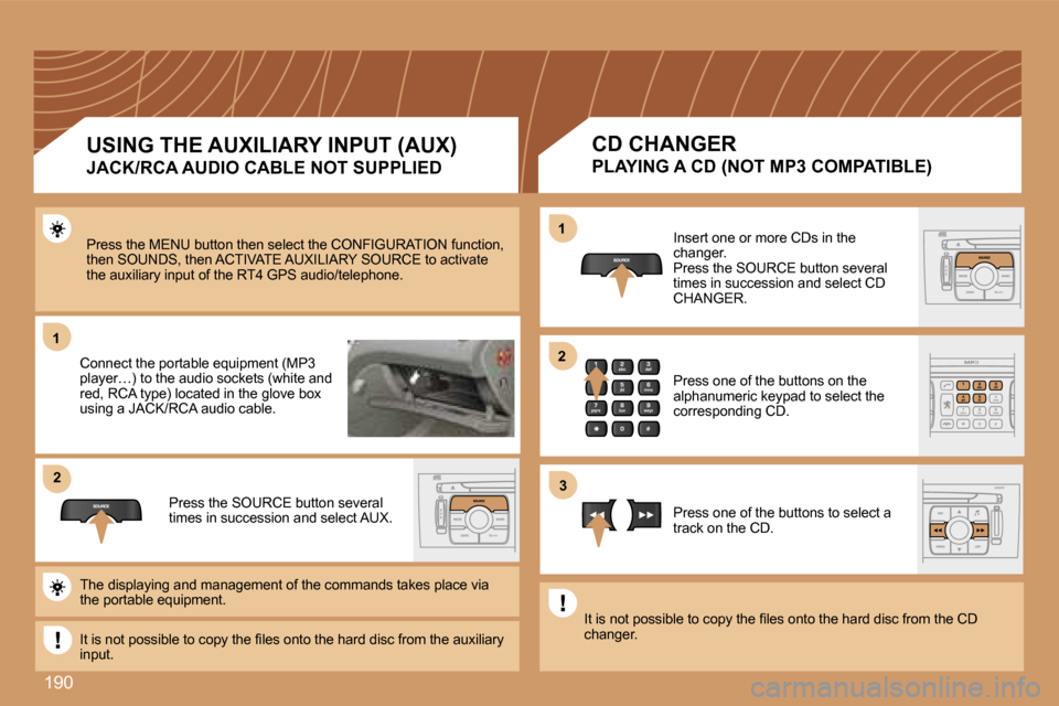 Peugeot 308 Dag 2007.5  Owners Manual �1�9�0
�1�1
�2�2
�1�1
�3�3
�2�2
�P�r�e�s�s� �t�h�e� �M�E�N�U� �b�u�t�t�o�n� �t�h�e�n� �s�e�l�e�c�t� �t�h�e� �C�O�N�F�I�G�U�R�A�T�I�O�N� �f�u�n�c�t�i�o�n�,� �t�h�e�n� �S�O�U�N�D�S�,� �t�h�e�n� �A�C�T�I