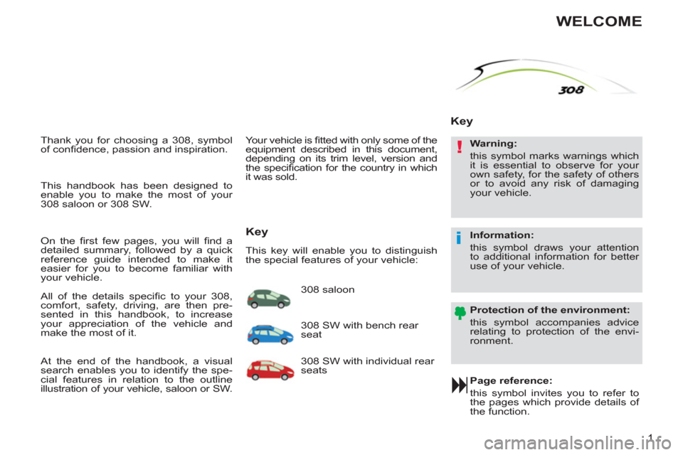 Peugeot 308 SW BL 2013  Owners Manual !
i
1
  Thank you for choosing a 308, symbol 
of conﬁ dence, passion and inspiration. 
   
Page reference: 
  this symbol invites you to refer to 
the pages which provide details of 
the function.  