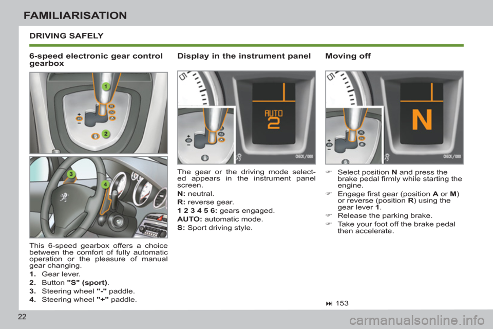 Peugeot 308 SW BL 2013  Owners Manual 22
FAMILIARISATION
  DRIVING SAFELY 
 
This 6-speed gearbox offers a choice 
between the comfort of fully automatic 
operation or the pleasure of manual 
gear changing. 
   
 
1. 
 Gear lever. 
   
2.