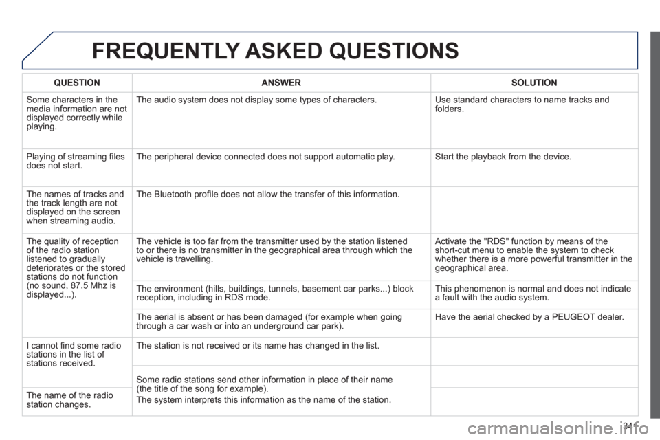 Peugeot 308 SW BL 2013  Owners Manual 341
FREQUENTLY ASKED QUESTIONS 
QUESTIONANSWER SOLUTION
 Some characters in themedia information are not 
displayed correctly while playing. The audio s
ystem does not display some types of characters