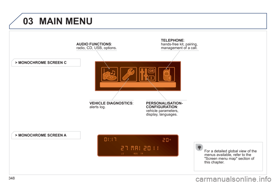 Peugeot 308 SW BL 2013  Owners Manual 348
03  MAIN MENU 
AUDIO FUNCTIONS 
:radio, CD, USB, options.
   
 
 
 
 
 
 
 
> MONOCHROME SCREEN C
For a detailed 
global view of the
menus available, refer to the 
"Screen menu map" section of 
th