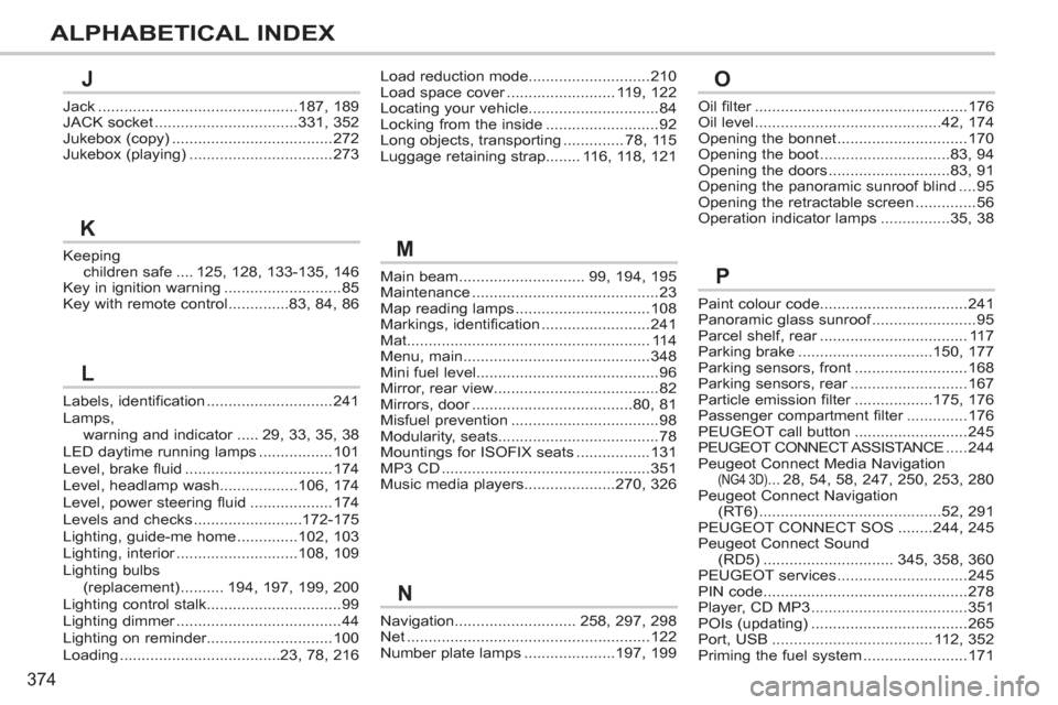 Peugeot 308 SW BL 2013  Owners Manual 374
ALPHABETICAL INDEX
Navigation............................258,297, 298Net ........................................................122Number plate lamps .....................197, 199
Oil filter.....