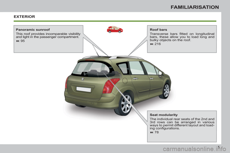 Peugeot 308 SW BL 2013  Owners Manual 5
FAMILIARISATION
  EXTERIOR
 
 
Roof bars 
  Transverse bars ﬁ tted on longitudinal 
bars, these allow you to load long and 
bulky objects on the roof. 
   
 
� 
 216  
     
Panoramic sunroof 
  