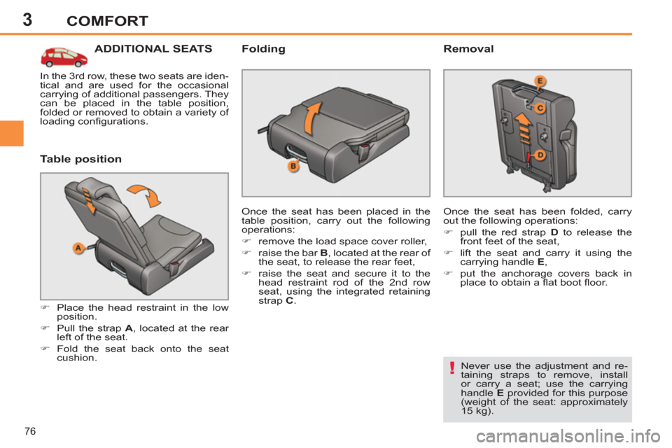 Peugeot 308 SW BL 2013 Manual PDF 3
76
COMFORT
ADDITIONAL SEATS 
   
Table position 
 
 
 
�) 
  Place the head restraint in the low 
position. 
   
�) 
  Pull the strap  A 
, located at the rear 
left of the seat. 
   
�) 
  Fold the