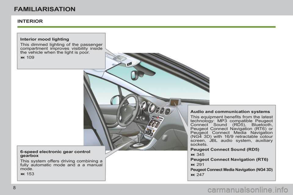 Peugeot 308 SW BL 2013  Owners Manual 8
FAMILIARISATION
  INTERIOR
 
 
Interior mood lighting 
  This dimmed lighting of the passenger 
compartment improves visibility inside 
the vehicle when the light is poor. 
   
 
� 
 109  
 
   
6-