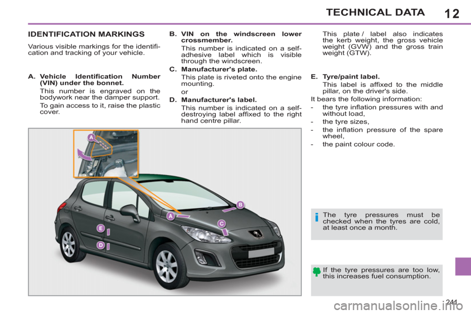 Peugeot 308 SW BL 2013   - RHD (UK, Australia) Owners Guide 12
241
TECHNICAL DATA
IDENTIFICATION MARKINGS 
  Various visible markings for the identiﬁ -
cation and tracking of your vehicle.  
  If the tyre pressures are too low, 
this increases fuel consumpti