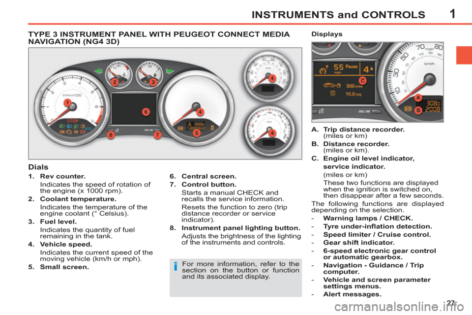 Peugeot 308 SW BL 2013   - RHD (UK, Australia) Owners Guide 1INSTRUMENTS and CONTROLS
   
 
 
 
 
 
 
 
 
 
 
 
TYPE 3 INSTRUMENT PANEL WITH PEUGEOT CONNECT MEDIA 
NAVIGATION (NG4 3D) 
   
 
1. 
  Rev counter. 
   
  Indicates the speed of rotation of 
the eng