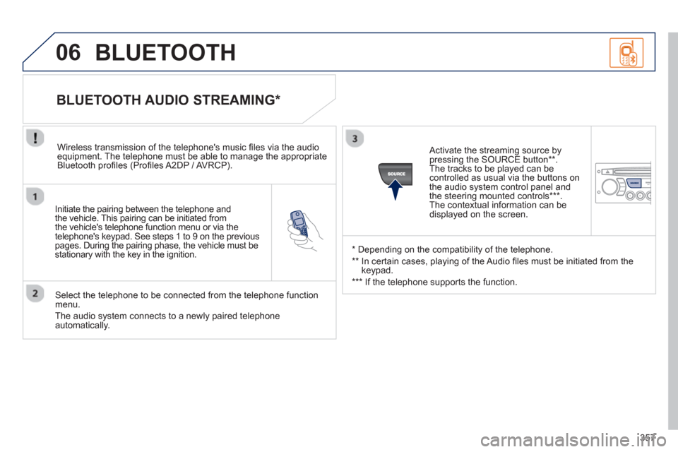 Peugeot 308 SW BL 2013 Owners Manual - RHD (UK. Australia) 357
06
Initiate the pairing between the telephone and
the vehicle. This pairing can be initiated from
the vehicles telephone function menu or via the
telephones ke
ypad. See steps 1 to 9 on the Peugeot 308 SW BL 2013 Owners Manual - RHD (UK. Australia) 357
06
Initiate the pairing between the telephone and
the vehicle. This pairing can be initiated from
the vehicles telephone function menu or via the
telephones ke
ypad. See steps 1 to 9 on the