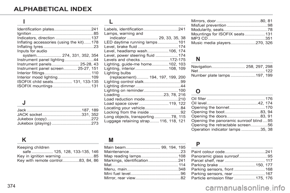 Peugeot 308 SW BL 2013   - RHD (UK, Australia) Owners Guide 374
ALPHABETICAL INDEX
Main beam.............................99,194, 195Maintenance...........................................23Map reading lamps...............................108Markings, identificat