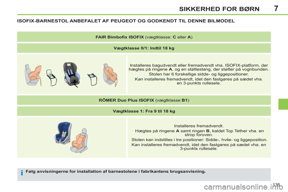 Peugeot 308 SW BL 2013 Instruktionsbog (in Danish) 7
133
SIKKERHED FOR BØRN
Følg anvisningerne for installation af barnestolene i fabrikantens brugsanvisning.
ISOFIX-BARNESTOL ANBEFALET AF PEUGEOT OG GODKENDT TIL DENNE B Peugeot 308 SW BL 2013 Instruktionsbog (in Danish) 7
133
SIKKERHED FOR BØRN
Følg anvisningerne for installation af barnestolene i fabrikantens brugsanvisning.
ISOFIX-BARNESTOL ANBEFALET AF PEUGEOT OG GODKENDT TIL DENNE B