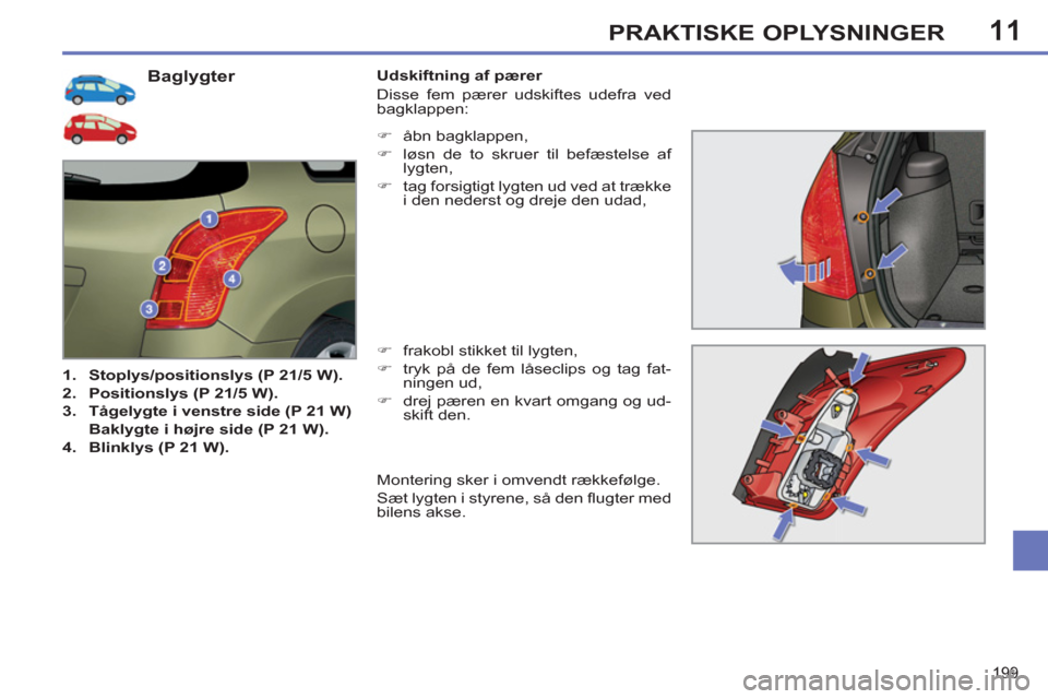 Peugeot 308 SW BL 2013  Instruktionsbog (in Danish) 11
199
PRAKTISKE OPLYSNINGER
   
 
 
 
 
 
 
 
 
 
 
 
 
 
 
 
 
 
 
 
 
 
 
 
 
 
 
 
 
 
Baglygter 
 
 
 
1. 
  Stoplys/positionslys (P 21/5 W). 
 
   
2. 
  Positionslys (P 21/5 W). 
 
   
3. 
  T