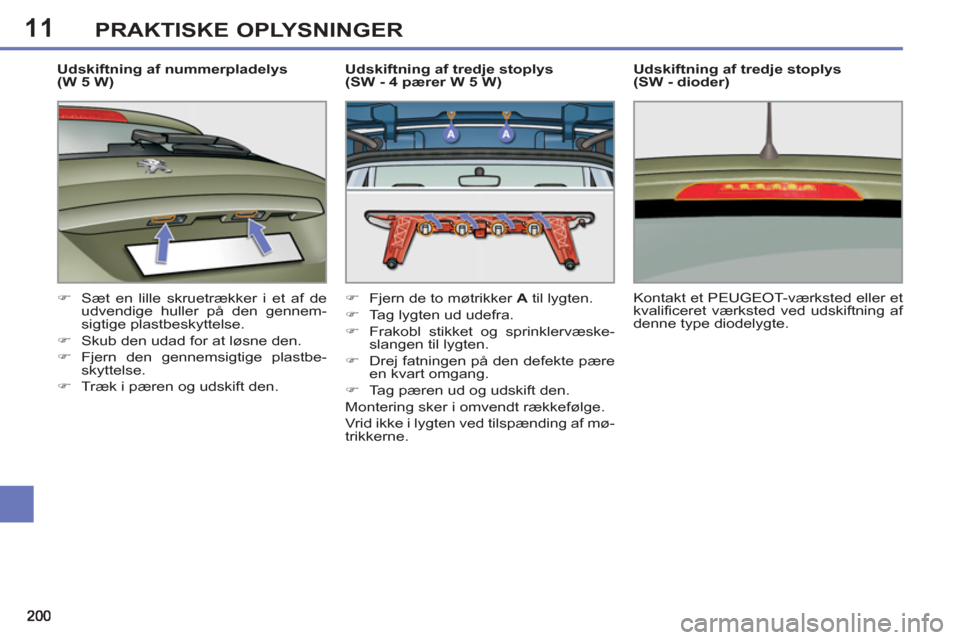 Peugeot 308 SW BL 2013  Instruktionsbog (in Danish) 11PRAKTISKE OPLYSNINGER
   
Udskiftning af nummerpladelys 
(W 5 W) 
   
 
�) 
  Sæt en lille skruetrækker i et af de 
udvendige huller på den gennem-
sigtige plastbeskyttelse. 
   
�) 
  Skub den u