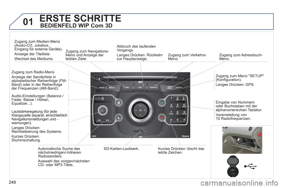 Peugeot 308 SW BL 2013  Betriebsanleitung (in German) 248
01ERSTE SCHRITTE
   
BEDIENFELD WIP Com 3D 
 
 
Zugang zum Radio-Menü
 Anzeige der Senderliste in 
alphabetischer Reihenfolge (FM-
Band) oder in der Reihenfolge
der Frequenzen (AM-Band).
Zugang z