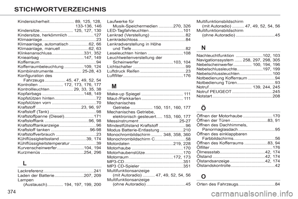 Peugeot 308 SW BL 2013  Betriebsanleitung (in German) 374
STICHWORTVERZEICHNIS
Nachleuchtfunktion......................102, 103Navigationssystem......258, 297, 298, 305Nebelscheinwerfer...............r100, 194, 196Nebelschlussleuchte.....................