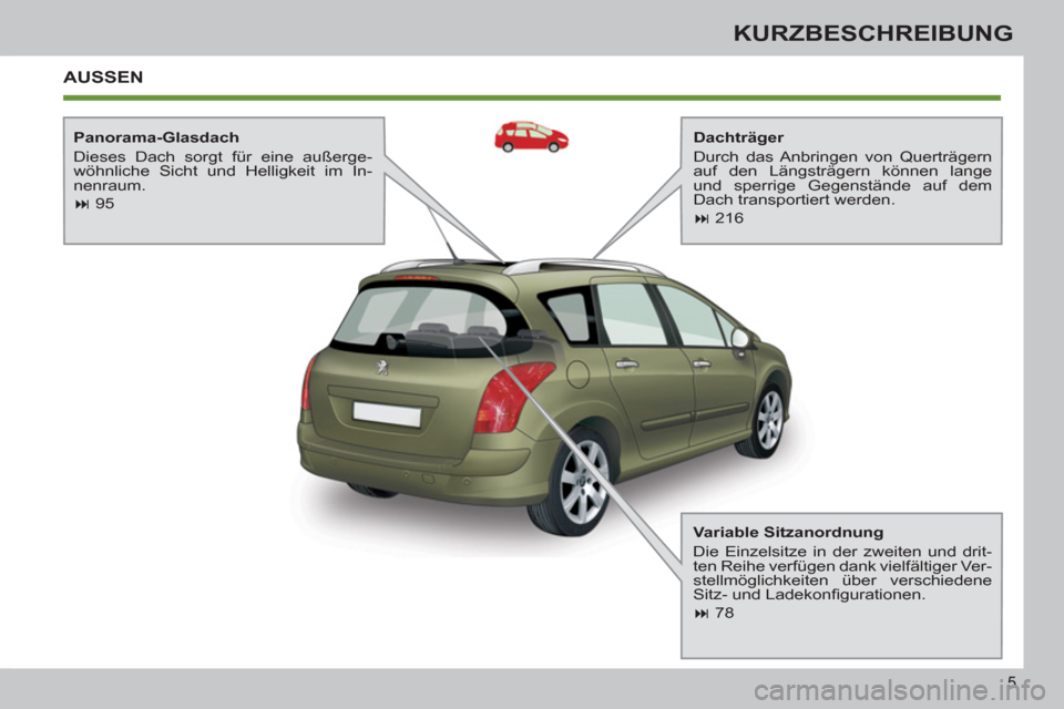 Peugeot 308 SW BL 2013  Betriebsanleitung (in German) 5
KURZBESCHREIBUNG
  AUSSEN  
 
 
Dachträger 
  Durch das Anbringen von Querträgern 
auf den Längsträgern können lange 
und sperrige Gegenstände auf dem 
Dach transportiert werden. 
   
 
� 
 2