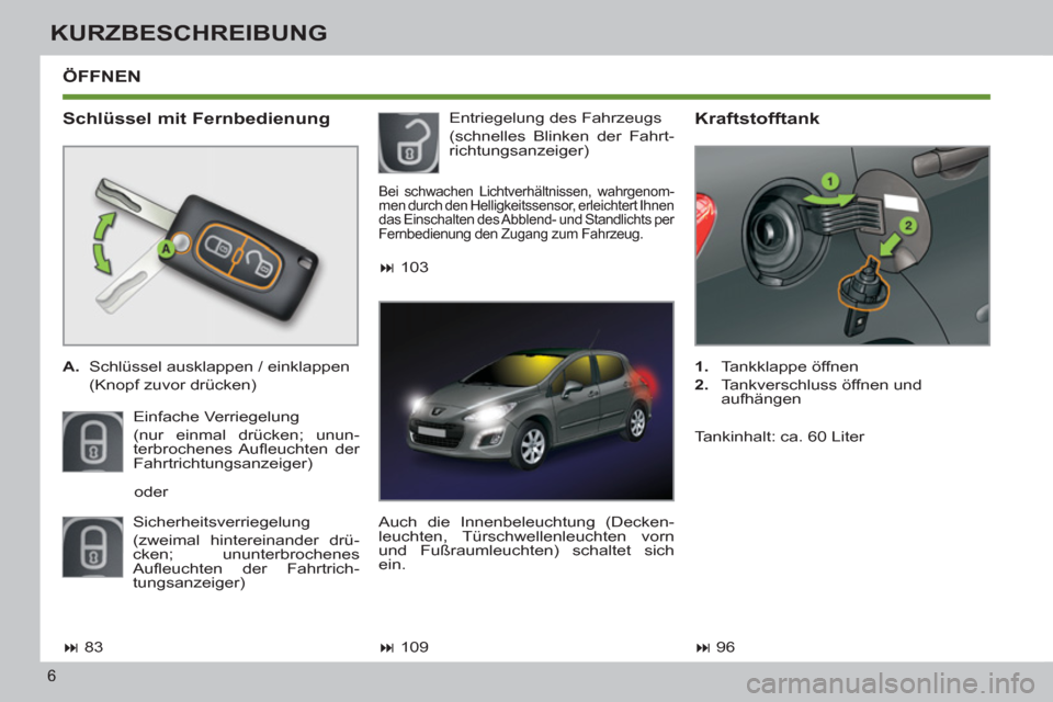 Peugeot 308 SW BL 2013  Betriebsanleitung (in German) 6
KURZBESCHREIBUNG
  ÖFFNEN
   
Schlüssel mit Fernbedienung 
 
 
 
A. 
  Schlüssel ausklappen / einklappen  
  (Knopf zuvor drücken)  
  Einfache Verriegelung  
(nur einmal drücken; unun-
terbroc