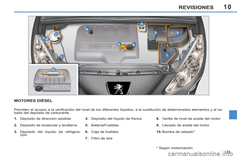 Peugeot 308 SW BL 2013  Manual del propietario (in Spanish) 10
173
REVISIONES
MOTORES DIÉSEL 
  Permiten el acceso a la veriﬁ cación del nivel de los diferentes líquidos, a la sustitución de determinados elementos y al ce-
bado del depósito de carburant