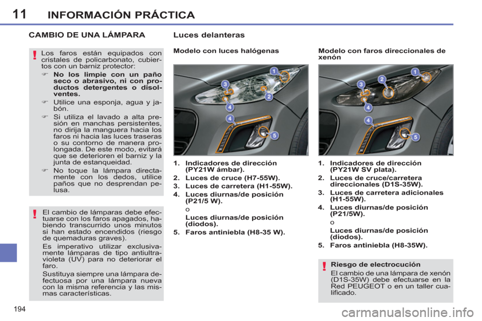 Peugeot 308 SW BL 2013  Manual del propietario (in Spanish) 11
194
INFORMACIÓN PRÁCTICA
   
Riesgo de electrocución 
  El cambio de una lámpara de xenón 
(D1S-35W) debe efectuarse en la 
Red PEUGEOT o en un taller cua-
liﬁ cado.  
 
CAMBIO DE UNA LÁMPA