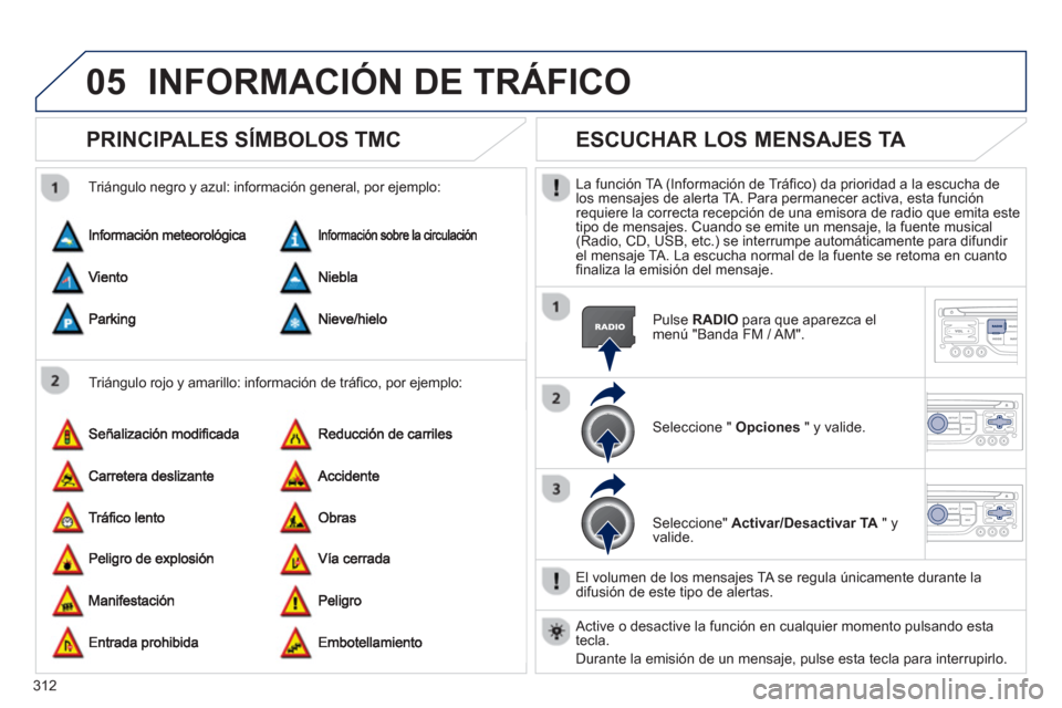 Peugeot 308 SW BL 2013  Manual del propietario (in Spanish) 312
05INFORMACIÓN DE TRÁFICO
PRINCIPALES SÍMBOLOS TMC 
   
Triángulo rojo y amarillo: información de tráﬁ co, por ejemplo:     
Tri·n
gulo negro y azul: informaciÛn general, por ejemplo: 
ES