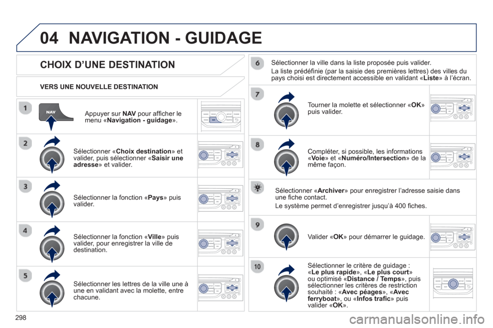 Peugeot 308 SW BL 2013  Manuel du propriétaire (in French) 298
04
   
Appuyer sur NAV 
 pour afﬁ cher le menu « Navigation - guidage».
 
 VERS UNE NOUVELLE DESTINATION  
NAVIGATION - GUIDAGE
CHOIX D’UNE DESTINATION
 
 Sélectionner « Choix destination 