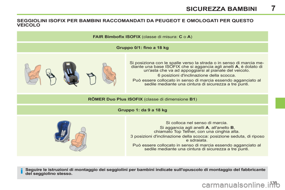 Peugeot 308 SW BL 2013  Manuale del proprietario (in Italian) 7
133
SICUREZZA BAMBINI
   
Seguire le istruzioni di montaggio dei seggiolini per bambini indicate sullopuscolo di montaggio del fabbricante 
del seggiolino stesso.   
SEGGIOLINI ISOFIX PER BAMBINI R