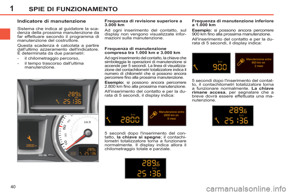 Peugeot 308 SW BL 2013  Manuale del proprietario (in Italian) 1
40
SPIE DI FUNZIONAMENTO
   
 
 
 
 
 
Indicatore di manutenzione 
 
Sistema che indica al guidatore la sca-
denza della prossima manutenzione da 
far effettuare secondo il programma di 
manutenzion