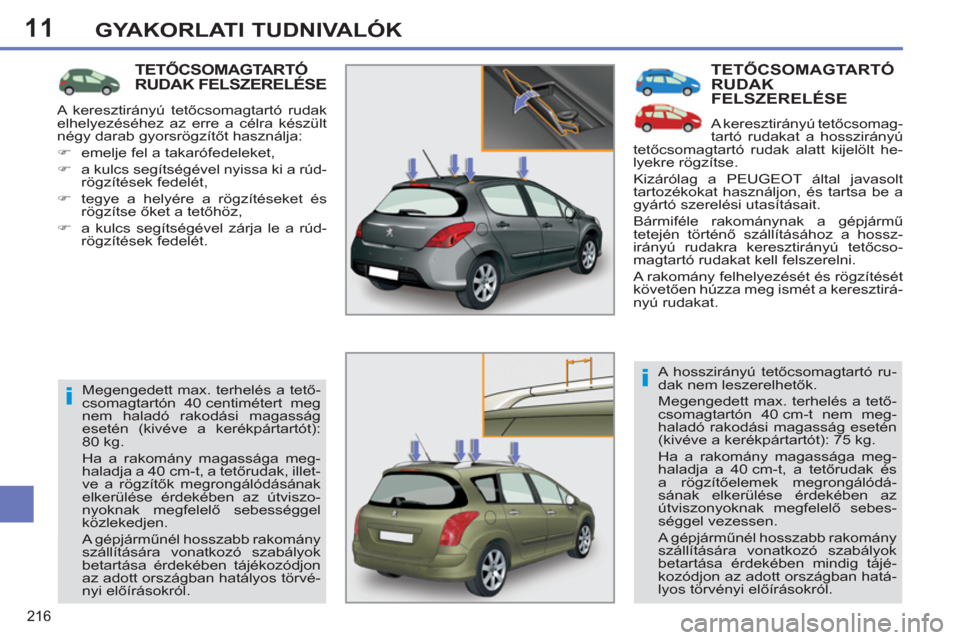 Peugeot 308 SW BL 2013  Kezelési útmutató (in Hungarian) 11
216
GYAKORLATI TUDNIVALÓK
  TETŐCSOMAGTARTÓRUDAK
FELSZERELÉSE
  A keresztirányú tetőcsomag-
tartó rudakat a hosszirányú 
tetőcsomagtartó rudak alatt kijelölt he-
lyekre rögzítse. 
  