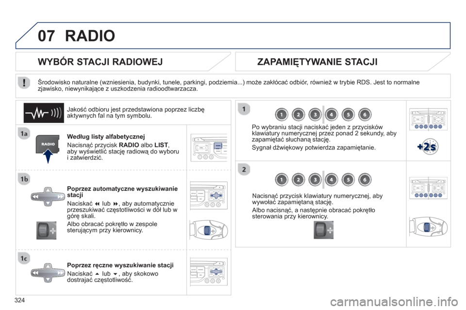 Peugeot 308 SW BL 2013  Instrukcja Obsługi (in Polish) 324
07RADIO
Według listy alfabetycznej 
Nacisnąć przycisk RADI
Oalbo LIST, aby wyświetlić stację radiową do wyboru 
i zatwierdzić.
Poprzez automat
yczne wyszukiwanie
stacji 
N
aciskać  � 
 l