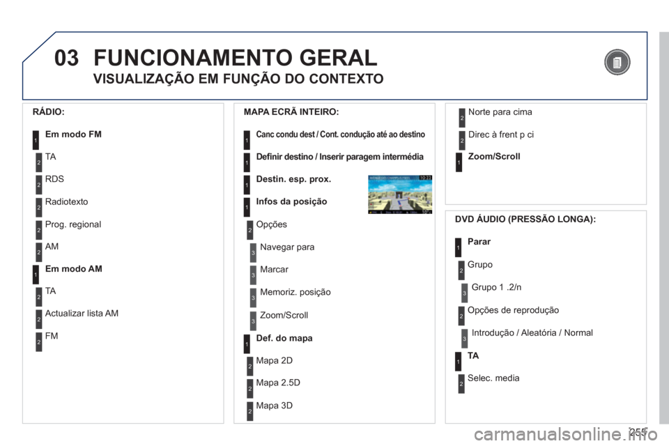 Peugeot 308 SW BL 2013 Manual do proprietário (in Portuguese) 255
03FUNCIONAMENTO GERAL
VISUALIZAÇÃO EM FUNÇÃO DO CONTEXTO
RÁDIO:
Em modo FM1
2
2
TA
RDS
2Radiotexto
2Prog. regional
MAPA ECRÃ INTEIRO:
Canc condu destt/ /Cont. condução até Peugeot 308 SW BL 2013 Manual do proprietário (in Portuguese) 255
03FUNCIONAMENTO GERAL
VISUALIZAÇÃO EM FUNÇÃO DO CONTEXTO
RÁDIO:
Em modo FM1
2
2
TA
RDS
2Radiotexto
2Prog. regional
MAPA ECRÃ INTEIRO:
Canc condu destt/ /Cont. condução até