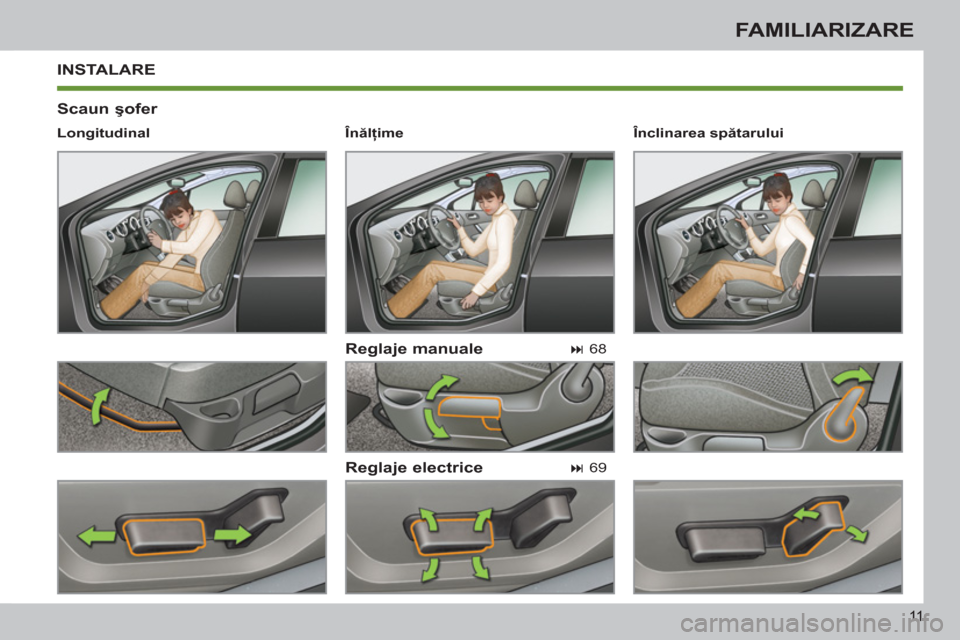 Peugeot 308 SW BL 2013  Manualul de utilizare (in Romanian) 11
FAMILIARIZARE
  INSTALARE 
   
Scaun şofer 
   
Reglaje manuale 
   
Reglaje electrice 
 
 
Longitudinal  
   
 
� 
 68  
 
   
 
� 
 69     
Înclinarea spătarului  
   
 
Înălţime  
  