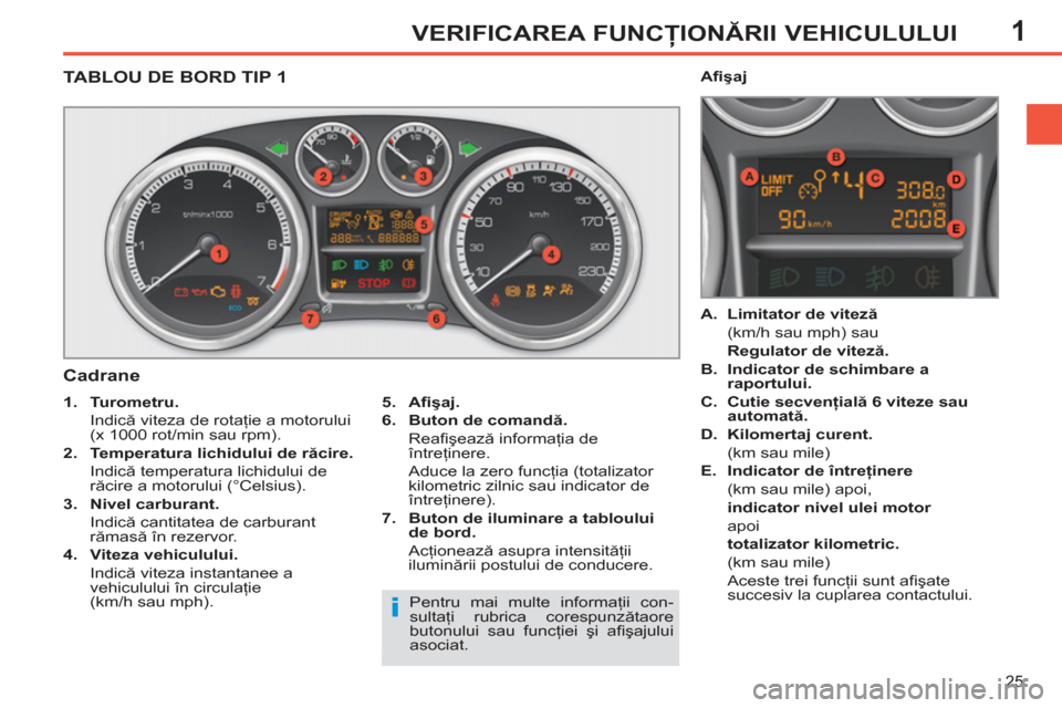 Peugeot 308 SW BL 2013  Manualul de utilizare (in Romanian) 1
25
VERIFICAREA FUNCŢIONĂRII VEHICULULUI
TABLOU DE BORD TIP 1
   
Cadrane 
 
 
5. 
  Aﬁ şaj. 
 
   
6. 
  Buton de comandă. 
   
 Reaﬁ şează informaţia de 
întreţinere.  
  Aduce la zero