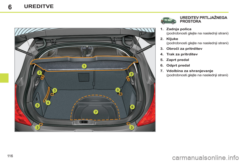 Peugeot 308 SW BL 2013  Priročnik za lastnika (in Slovenian) 6
116
UREDITVE
UREDITEV PRTLJAŽNEGA 
PROSTORA 
   
 
 
1. 
  Zadnja polica 
 
 
 
(podrobnosti glejte na naslednji strani) 
   
2. 
  Kljuke 
 
 
 
(podrobnosti glejte na naslednji strani) 
   
3. 
 