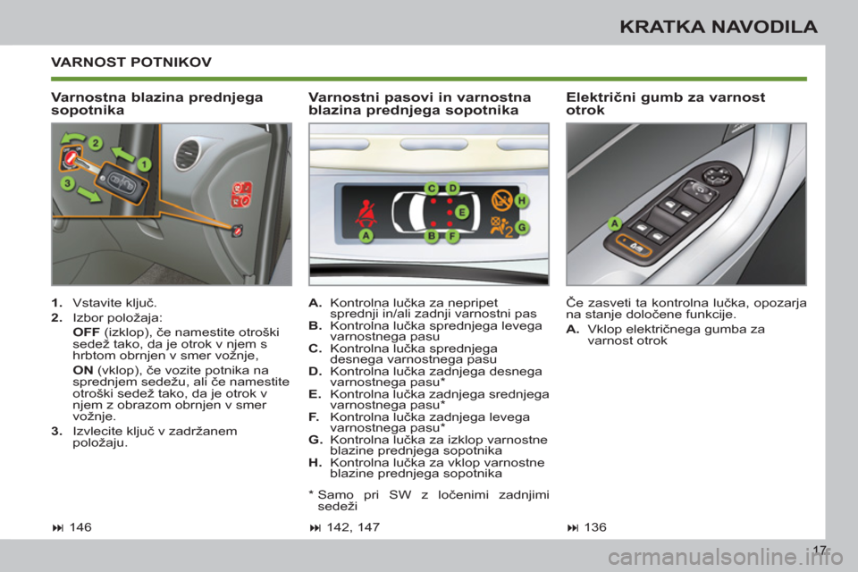 Peugeot 308 SW BL 2013  Priročnik za lastnika (in Slovenian) 17
KRATKA NAVODILA
 VARNOST POTNIKOV 
   
Varnostna blazina prednjega 
sopotnika    
Električni gumb za varnost 
otrok 
   
 
1. 
 Vstavite ključ. 
   
2. 
 Izbor položaja:  
   OFF 
 (izklop), če