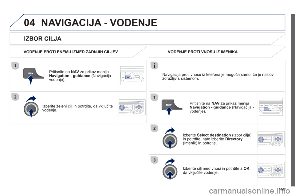 Peugeot 308 SW BL 2013  Priročnik za lastnika (in Slovenian) 299
04
   
IZBOR CILJA 
NAVIGACIJA - VODENJE
 
 VODENJE PROTI ENEMU IZMED ZADNJIH CILJEV  
Priti
snite na  NAV 
 za prikaz menija 
Navigation - guidance   (Navigacija - 
vodenje).
   
Izberite 
želen