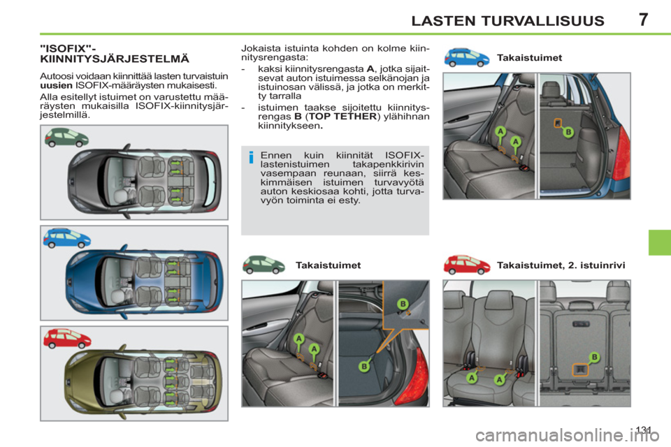 Peugeot 308 SW BL 2013 Omistajan käsikirja (in Finnish) 7
131
LASTEN TURVALLISUUS
"ISOFIX"-KIINNITYSJÄRJESTELMÄ
Autoosi voidaan kiinnittää lasten turvaistuin
uusien
ISOFIX-määräysten mukaisesti.
Alla esitellyt istuimet on varustettu mää- Peugeot 308 SW BL 2013 Omistajan käsikirja (in Finnish) 7
131
LASTEN TURVALLISUUS
"ISOFIX"-KIINNITYSJÄRJESTELMÄ
Autoosi voidaan kiinnittää lasten turvaistuin
uusien
ISOFIX-määräysten mukaisesti.
Alla esitellyt istuimet on varustettu mää-