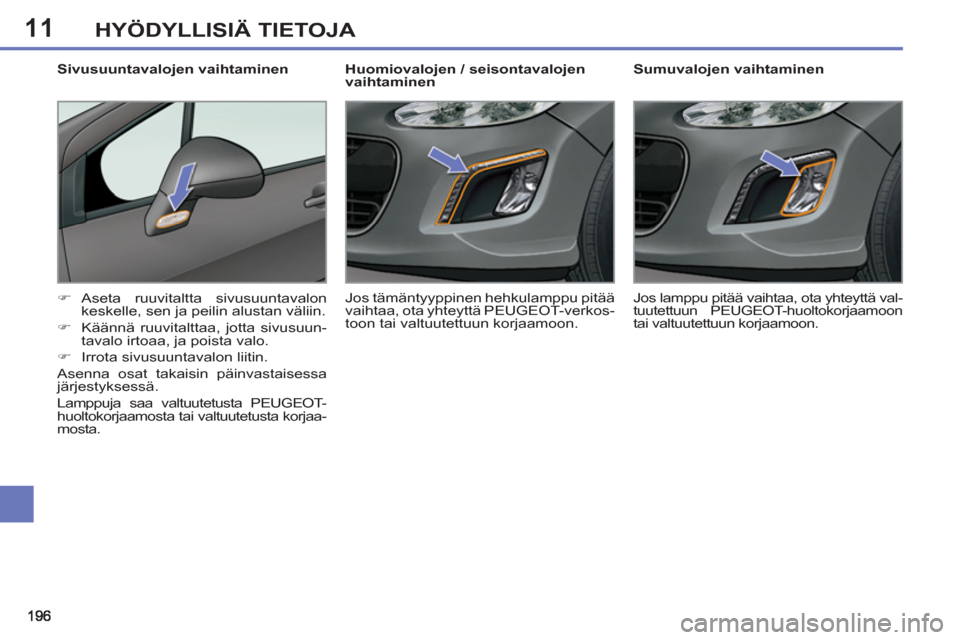 Peugeot 308 SW BL 2013  Omistajan käsikirja (in Finnish) 11HYÖDYLLISIÄ TIETOJA
   
 
 
 
 
 
 
Sumuvalojen vaihtaminen 
   
 
�) 
 Aseta ruuvitaltta sivusuuntavalon 
keskelle, sen ja peilin alustan väliin. 
   
�) 
  Käännä ruuvitalttaa, jotta sivusuu