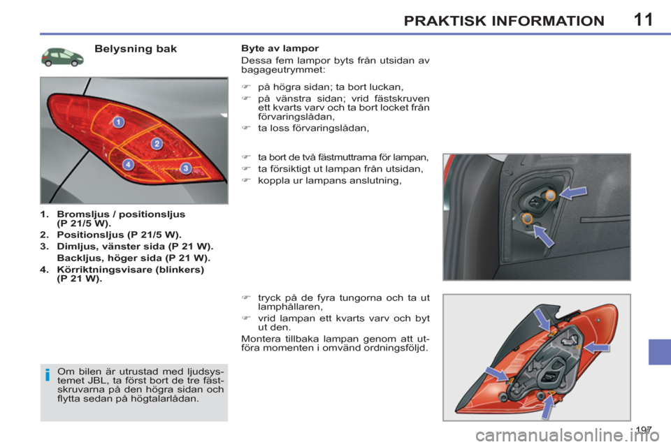 Peugeot 308 SW BL 2013  Ägarmanual (in Swedish) 11
197
PRAKTISK INFORMATION
   
 
 
 
 
 
 
 
 
 
 
 
 
 
 
 
 
 
 
 
 
 
 
 
 
 
 
 
 
 
 
 
 
Belysning bak 
 
 
 
1. 
  Bromsljus / positionsljus 
(P 21/5 W). 
 
   
2. 
  Positionsljus (P 21/5 W).