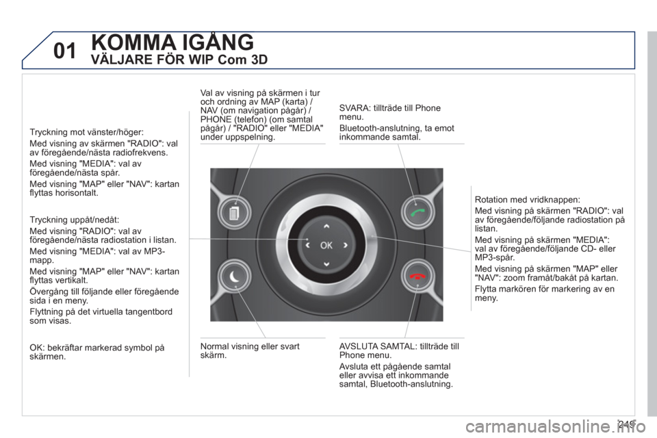 Peugeot 308 SW BL 2013 Ägarmanual (in Swedish) 249
01KOMMA IGÅNG Å
VÄLJARE FÖR WIP Com 3D
Tryckning mot vänster/höger:
Med visning av skärmen "RADIO": val
av föregående/nästa radiofrekvens.
Med visning "MEDIA": val av
föreg Peugeot 308 SW BL 2013 Ägarmanual (in Swedish) 249
01KOMMA IGÅNG Å
VÄLJARE FÖR WIP Com 3D
Tryckning mot vänster/höger:
Med visning av skärmen "RADIO": val
av föregående/nästa radiofrekvens.
Med visning "MEDIA": val av
föreg