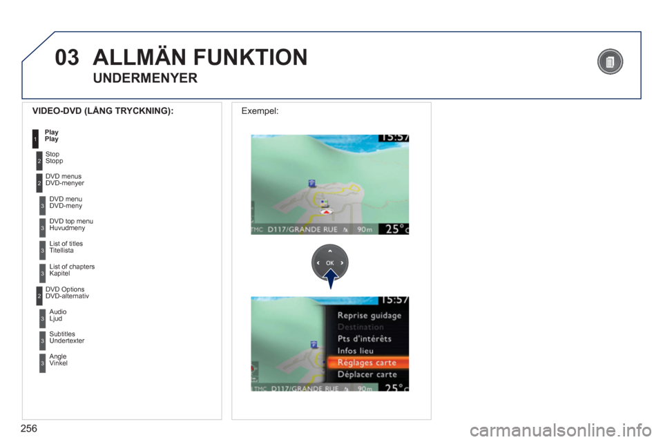 Peugeot 308 SW BL 2013 Ägarmanual (in Swedish) 256
03
3
3
DVD menuDVD-meny
DVD to
p menuHuvudmeny
3
List of titlesTitellista
3
List of chaptersKapitel
VIDEO-DVD (LÅNG TRYCKNING):
PlayPlay 1
ALLMÄN FUNKTION
UNDERMENYER
2
2
StopStopp Peugeot 308 SW BL 2013 Ägarmanual (in Swedish) 256
03
3
3
DVD menuDVD-meny
DVD to
p menuHuvudmeny
3
List of titlesTitellista
3
List of chaptersKapitel
VIDEO-DVD (LÅNG TRYCKNING):
PlayPlay 1
ALLMÄN FUNKTION
UNDERMENYER
2
2
StopStopp